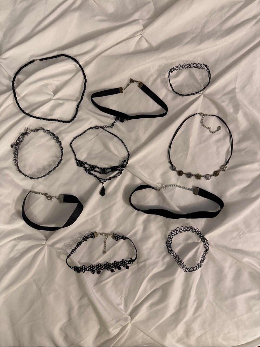 Assorted 11 Pack Set Black Crystal Velvet Lace Choker Beaded Silver Necklaces